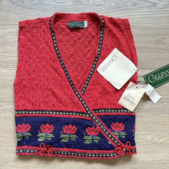 Vintage Cullinane Sweater Women Medium Red Wrap Vest Cotton Lace USA - Picture 1 of 11